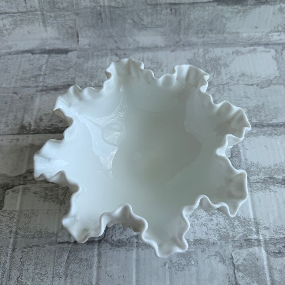 VTG Fenton White Hobnail Milk Glass Footed Ruffled Crimped Tabletop Bowl - Picture 5 of 8